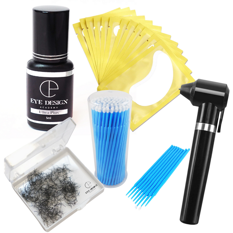 Ultra Plus Extensions Glue, Handmade 5D Fans, Pigment Ink Mixer + Sticks, Hydrogel Eye Pads (10pcs), Disposable Micro Brushes