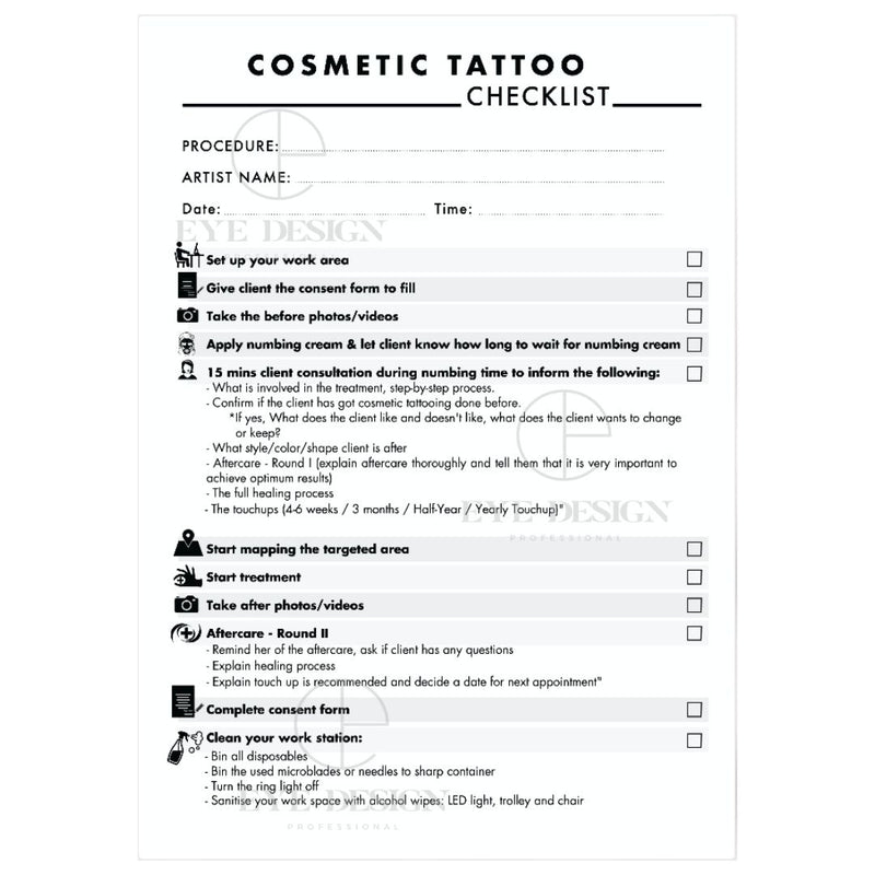 Cosmetic tattoo artist checklist downloadable artwork